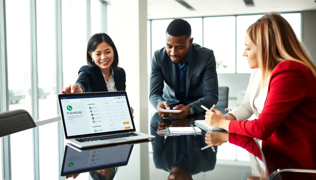 diverse professionals discussing a phone number in a modern office.
